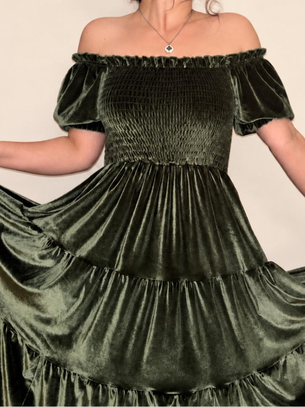 Olive Green Velvet Puff Sleeve Tiered Cottagecore Midi Dress Small